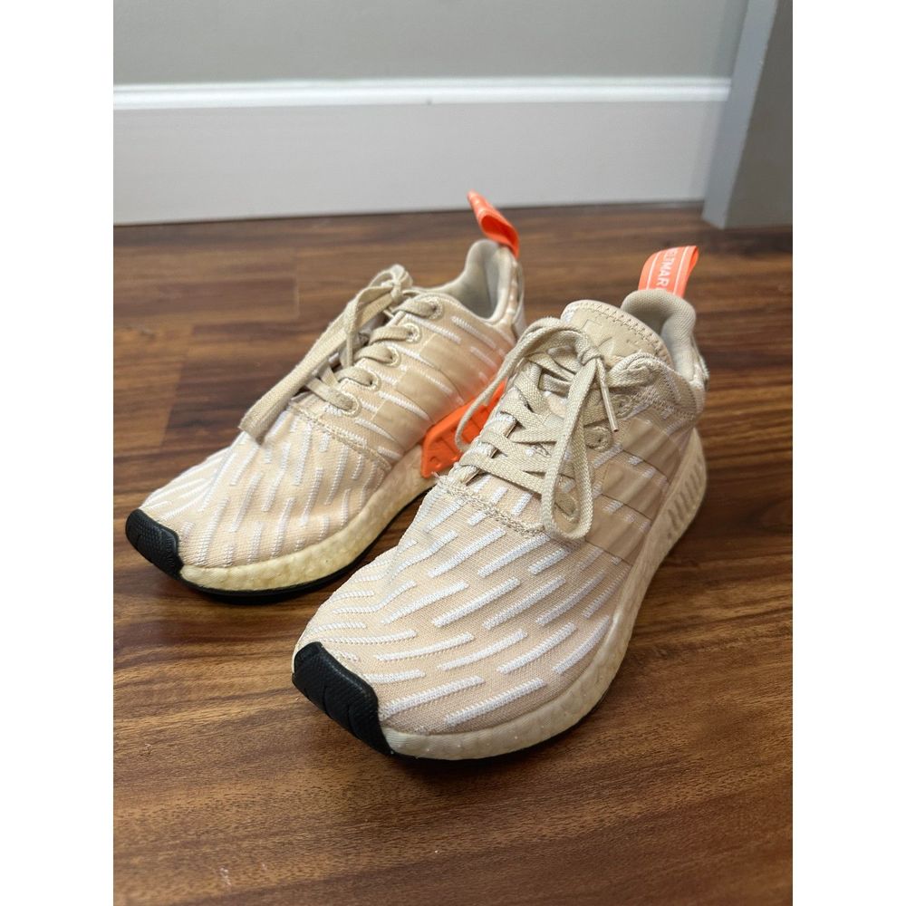Adidas NMD R2 Primeknit Linen Women Sneaker Sz 6 Beige Khaki Coral BA7260